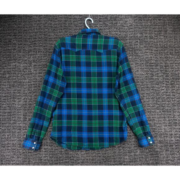 Levis Shirt Mens Large Blue Green Plaid Flannel Modern Fit Western Pearl Snap - Picture 10 of 12